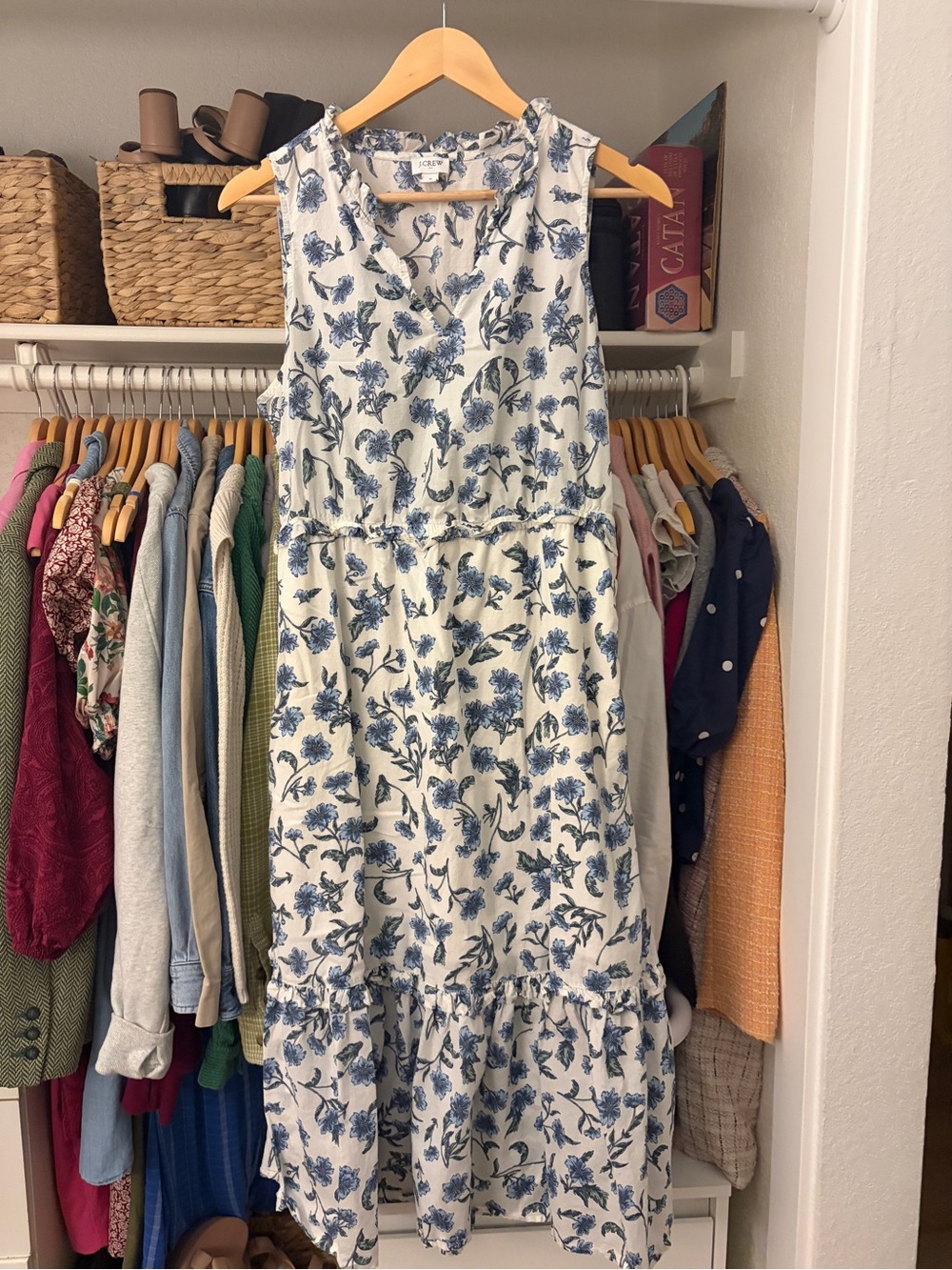 J. Crew White Sleeveless Dress with Blue Floral Print
